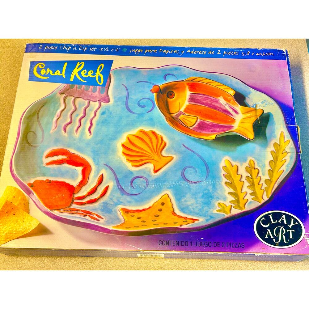 Vintage 1986 Coral Reef 2PC Chip & Dip Set Clay Art NEW IN BOX  "Meier & Frank"